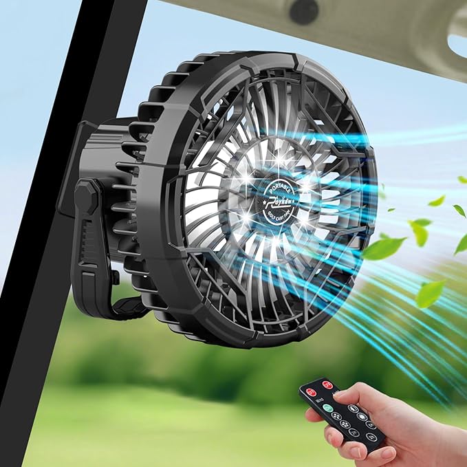 Roykaw 10400 mAh Magnetic Golf Cart Fan Portable Rechargeable Battery Powered, 24+ Hrs, w/LED Lights, Compatible with EZGO/Club Car/Yamaha & All Ironic-Body, Cordless & Remote Control, 1 PC