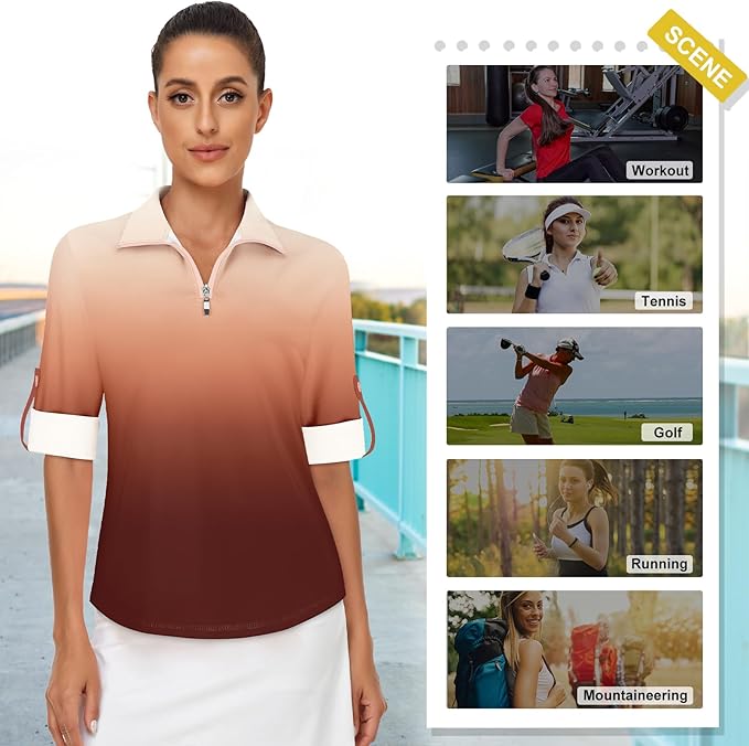Koscacy Women's 3/4 Roll Sleeve Golf Tennis Polo Shirts UPF50+ Half Zip Dry Fit Workout Tops Athletic Shirt