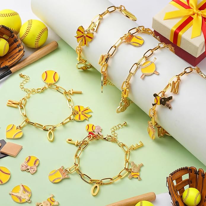 Kigeli 394 Pcs Sports Bracelets for Women DIY Game Bracelets kit Softball Baseball Football Jewelry Crafts Adjustable Gold Letter Charms Keychain for Team Sport Lovers Gifts