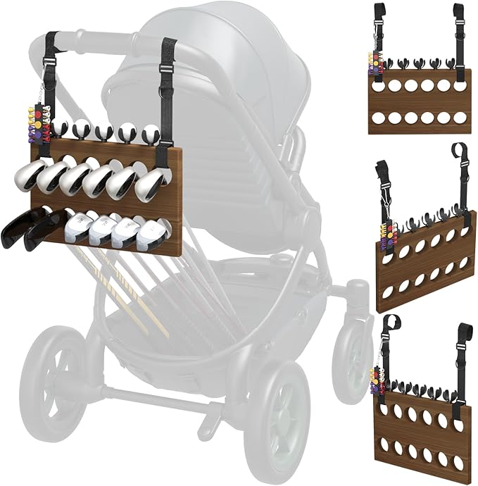 Golf Stroller Attachment – Universal Golf Club Holder for Strollers, Acacia Wood, 12 Slots, 5 Ball Holders & Removable Tee Case – Portable, Easy Setup, Gift for Golf-Loving Parents