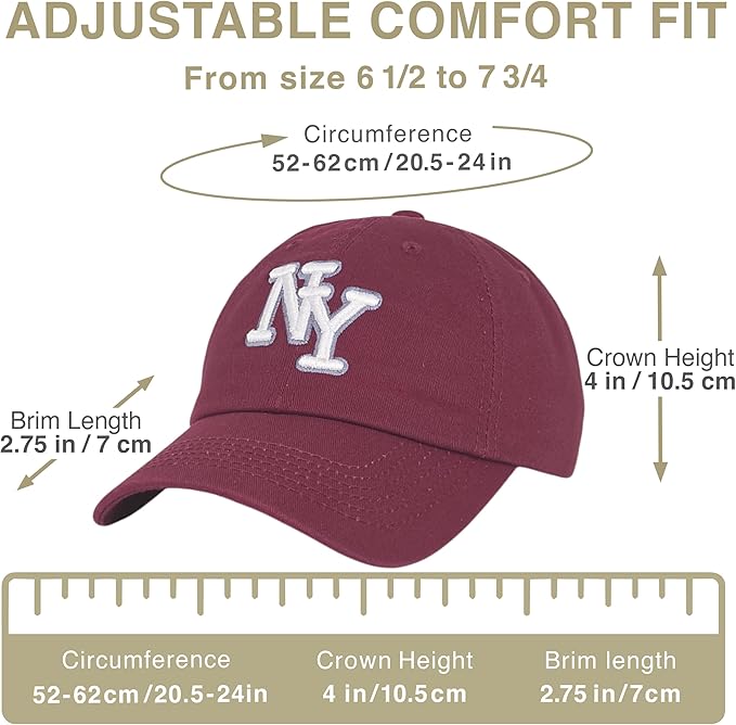 NY 3D Embroidered Cotton Dad Hat – New York Baseball Cap, Adjustable Metal Buckle Strap, Unstructured Low-Profile Style