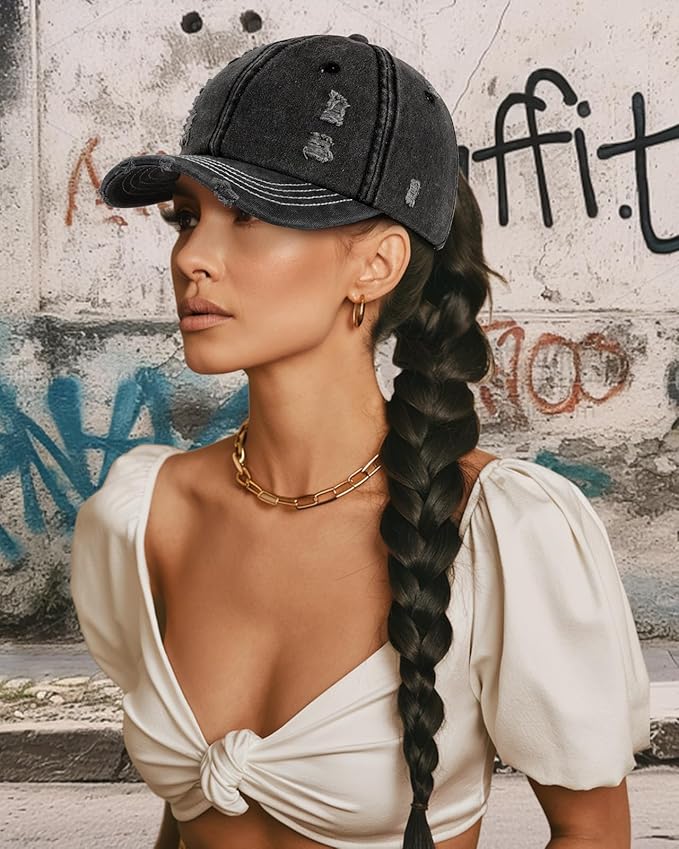 Flafens Women Pony Hats High Ponytail Baseball Caps - Cotton Vintage Washed Distressed Adjustable Criss Cross Trucker Hat