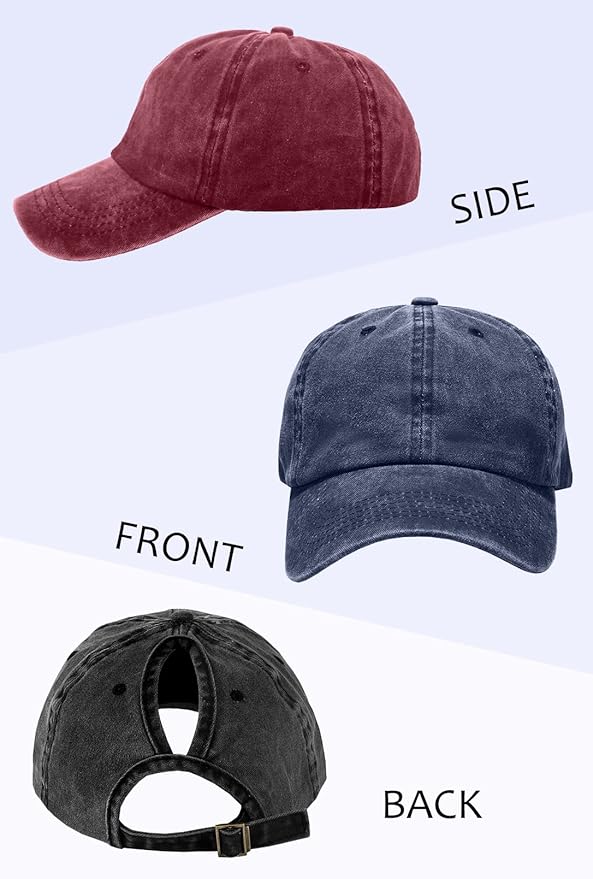 Womens Vintage Washed Distressed Baseball-Cap with Ponytail Hole Sport Golf Hat