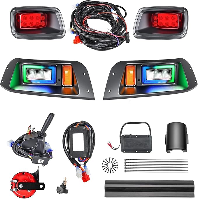 Golf Cart Headlight Taillight Kit for EZGO TXT 1996-2013 Gas&Electric, RGB LED Headlight Kit with Turn Signal Kits Horn Brake Pad Wire Harness Taillight, 12V