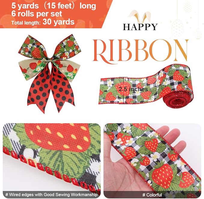 2.5" Watermelon and Strawberry Ribbon, Summer Craft Wire Edged Ribbon, Polka - Image 7