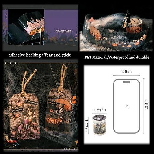 Gothic Scrapbook Tape Stickers, 6 Rolls PET Halloween Pumpkin Washi Tape - Image 6