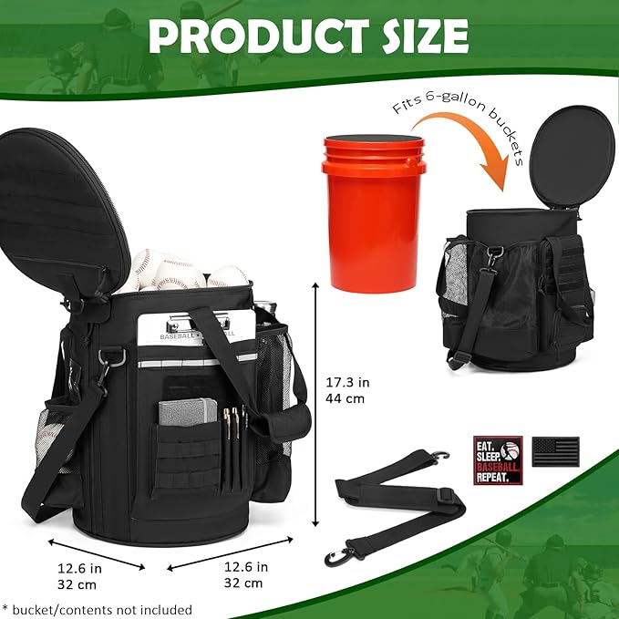 Baseball Bucket Bag Baseball Coaching Accessories Organizer Softball Bucket Bag with Anti-Slip Bottom & Multiple Pockets for Bat, Gloves, Scoreboards