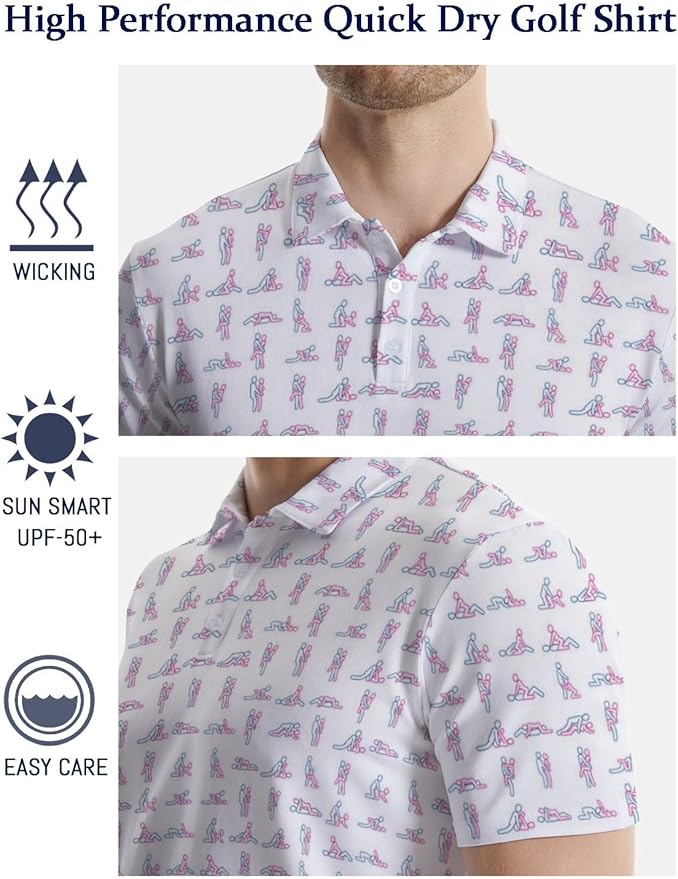 HUURAY Funny Golf Polos for Men Funny Print Short Sleeve Shirts Quick Dry Polo Shirts Hawaiian Shirt Performance Golf Outfits