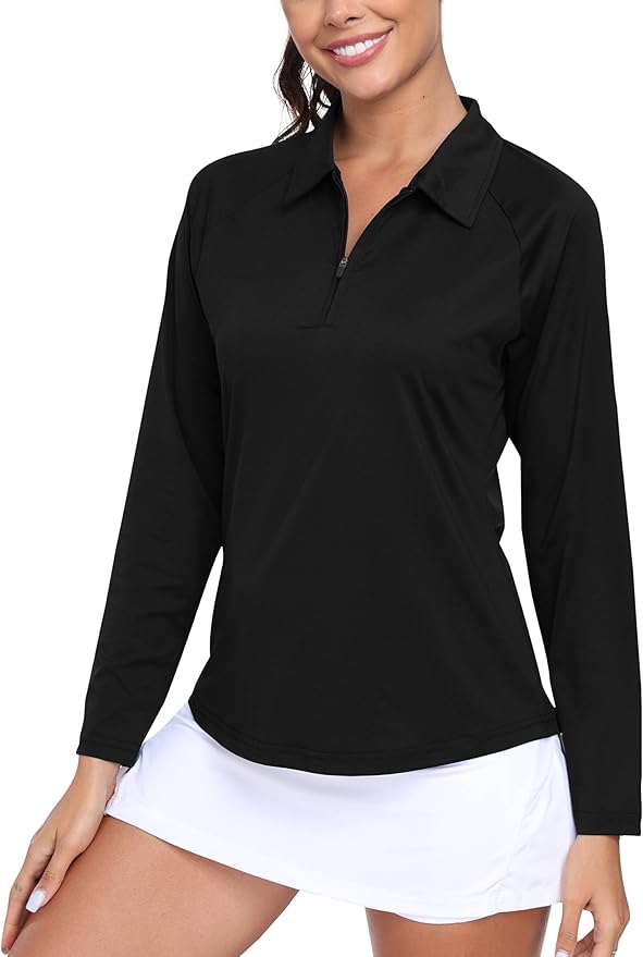MoFiz Women's Golf Polo Shirt Long Sleeve Collared 1/4 Zip Stretch Soft Athletic Tops for Tennis Hiking & Outdoor Sports