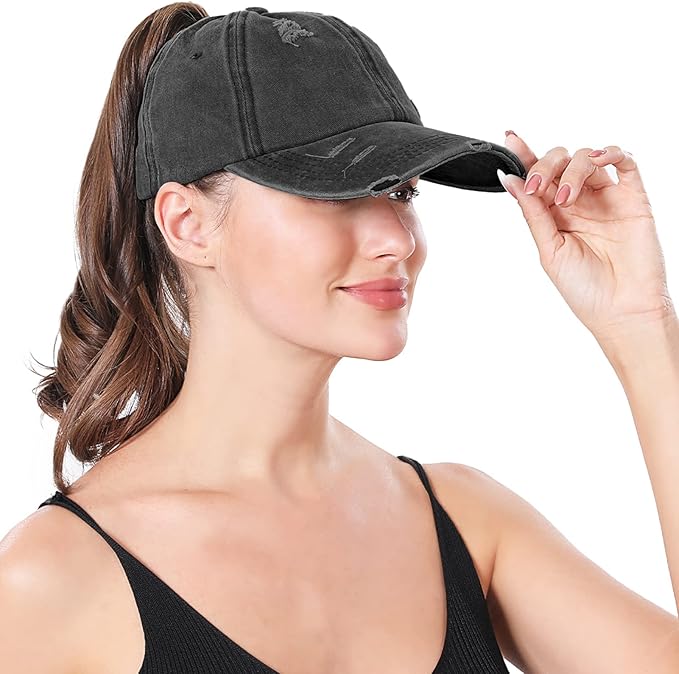Criss Cross Ponytail Hat Women Washed Distressed Baseball Caps Adjustable High Messy Bun Ponycap