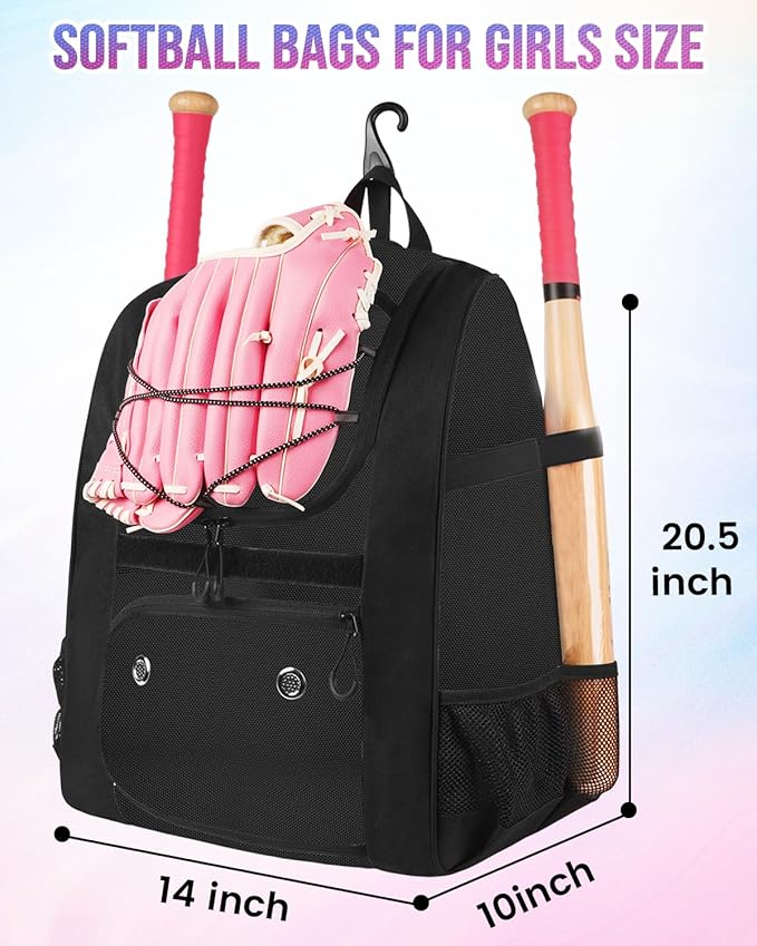 MATEIN Softball Bag, Lightweight Baseball Backpack with Shoe Compartment, Baseball Bag with Fence Hook for TBall Bat & Equipment, Softball Gifts Catchers Backpack for Women Fit Catcher’s Mitt, Helmet