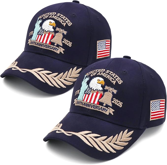2 Pack 250 Anniversary USA Hat Embroidered Eagle & Liberty，Adjustable Patriotic American Flag Baseball Caps for Men Women