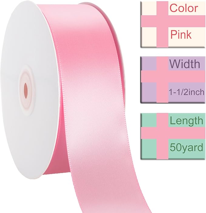 1-1/2 Inch Pink Ribbon, 50 Yards Craft Polyester Satin Ribbon Perfect - Image 2