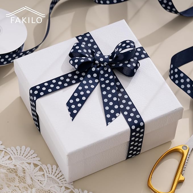 Polka Dot Grosgrain Ribbon 5/8 Inch, 25 Yards Spool Navy Blue and White Dot - Image 3