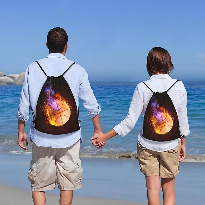 Kids Drawstring Bag with Fire Basketball for Boys, Sports Drawstring Backpack for Teens Boys Girls Adults Women Men, Black Daypack Bag for Work Gym Swim Travel Hiking School, Small