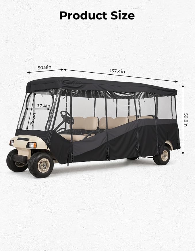 KEMIMOTO Golf Cart Enclosure 8 Seat, 600D Waterproof Golf Cart 8 Passenger Enclosure with Clear Windshield Compatible with Club Car Villager, Evolution D5-Ranger, Concierge