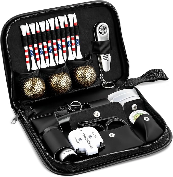 Golf Gifts for Men and Women, Golf Accessories Set with Gold Golf Balls, Telescope, Golf Tees, Brush, Divot Tool, Golf Green Reader, Scorer, Golf Ball Clamp Golf Tool Set Storage Case (Brown)