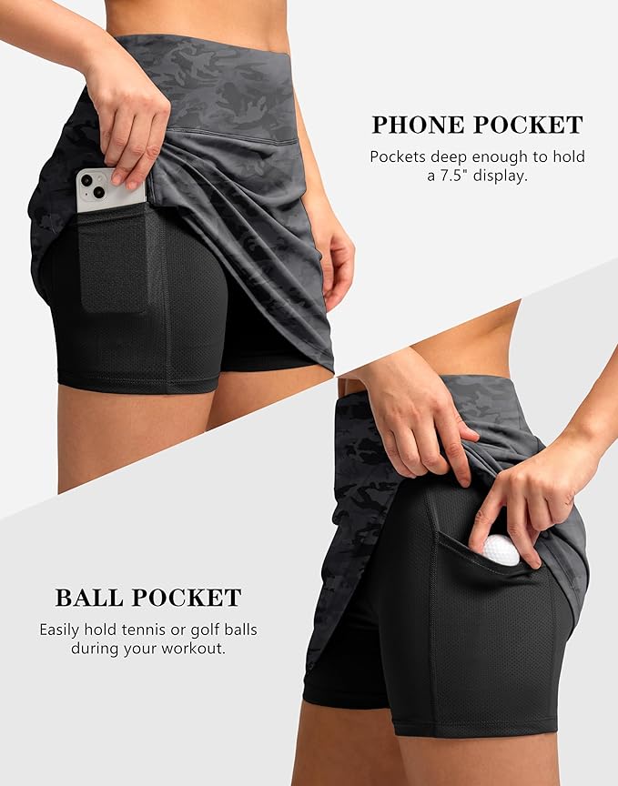Women's Golf Skirts Skort 4 Side Pockets High Waisted Stretchy Tennis Skirt with Short Athletic Casual