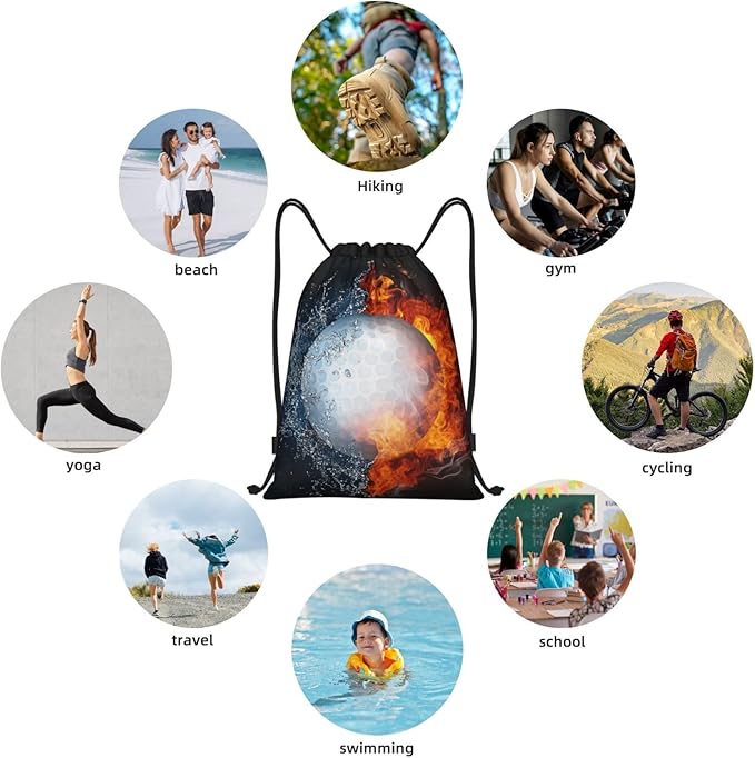 Golf Drawstring Bag with Water and Fire Pattern Printed Sports Drawstring Backpack for Kids Teens Boys Girls Adults Women Men, Sport Gym Swim Travel Work Hiking Daypack Bag, Small