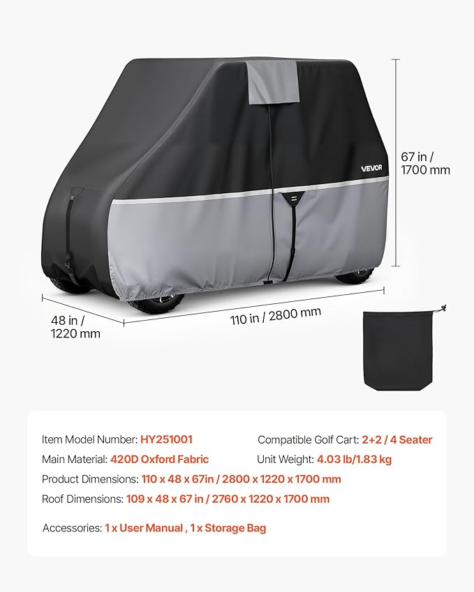 VEVOR Golf Cart Cover, Full Coverage 2+2/4 Passenger Golf Cart, 420D Waterproof Oxford Fabric Club Car Cover Fits Most Carts Club Car, Yamaha, EZGO, Honda, Silver-Coated Layer & Three Zipper Doors