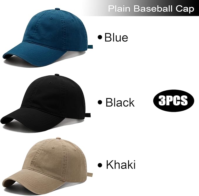 3 Pack Washed Plain Vintage Baseball Cap Cotton Adjustable Twill Bulk Low Profile Classic Dad Hat for Men/Women