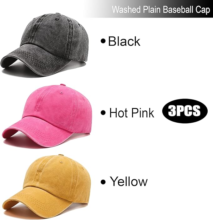 3 Pack Washed Plain Vintage Baseball Cap Cotton Adjustable Twill Bulk Low Profile Classic Dad Hat for Men/Women