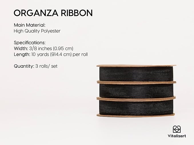 Vitalizart 3/8" x 30Yd Organza Ribbon Black Sheer Ribbons Set 10 Yd x 3 Rolls - Image 2