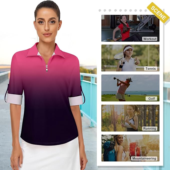Koscacy Women's 3/4 Roll Sleeve Golf Tennis Polo Shirts UPF50+ Half Zip Dry Fit Workout Tops Athletic Shirt