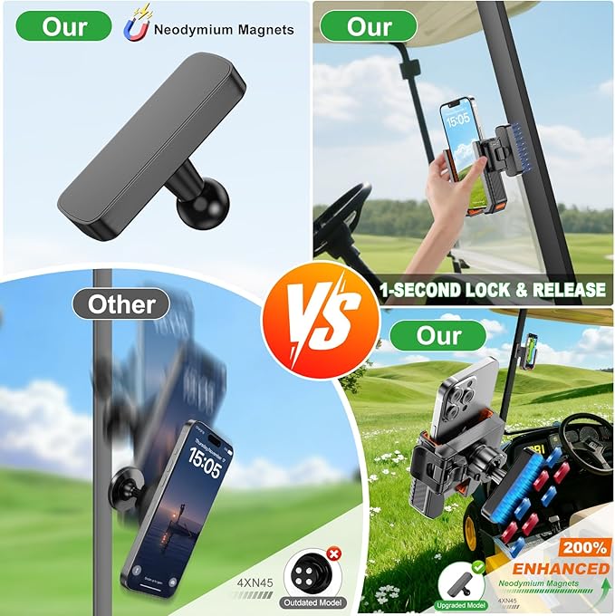 2-in-1 Golf Cart Phone Holder Mount [magnetic base&vise clamp] Compatible with All 4.5-7" Smartphones (iPhone/Galaxy/Google).Universal Fit for Golf Accessories,EZGO/Club Cars/Yamaha/Golf Cart