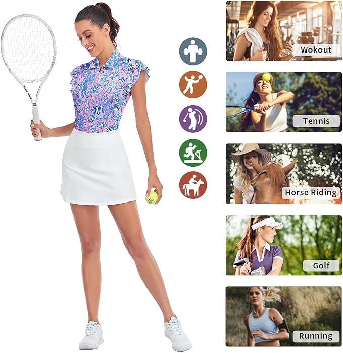 Soneven Womens Petal Sleeve Golf Shirts Moisture Wicking Lady Golf Apparel Print Tennis Sport T Shirt
