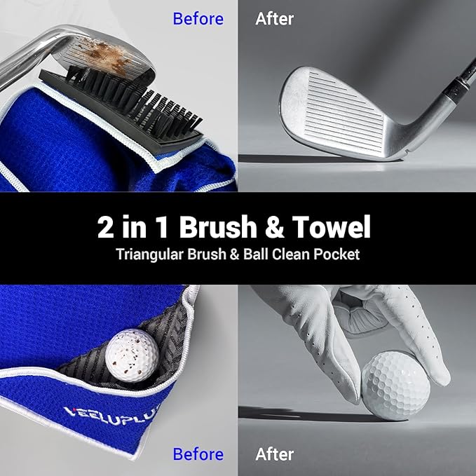 4-in-1 Magnetic Golf Towel with Brush & Cleaning Pocket -Premium Construction Golf Towel- Super Strong Golf Club Cleaner- Microfiber Waffle Design-15.7" X 23.6" Golf Accessories and Gifts for Men