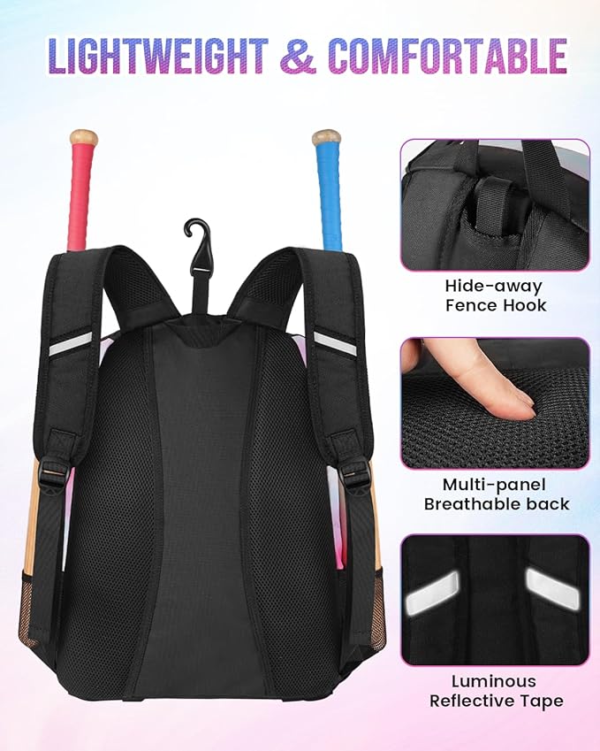 MATEIN Softball Bag, Lightweight Baseball Backpack with Shoe Compartment, Baseball Bag with Fence Hook for TBall Bat & Equipment, Softball Gifts Catchers Backpack for Women Fit Catcher’s Mitt, Helmet