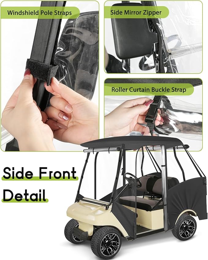 Golf Cart Enclosure 4 Passenger for Club Car DS 4-Seater 2+2 58" Short Roof Waterproof Windproof Driving Rain Cover with 4-Sided Clear Windows Mirror Zipper Roll-up Door Black