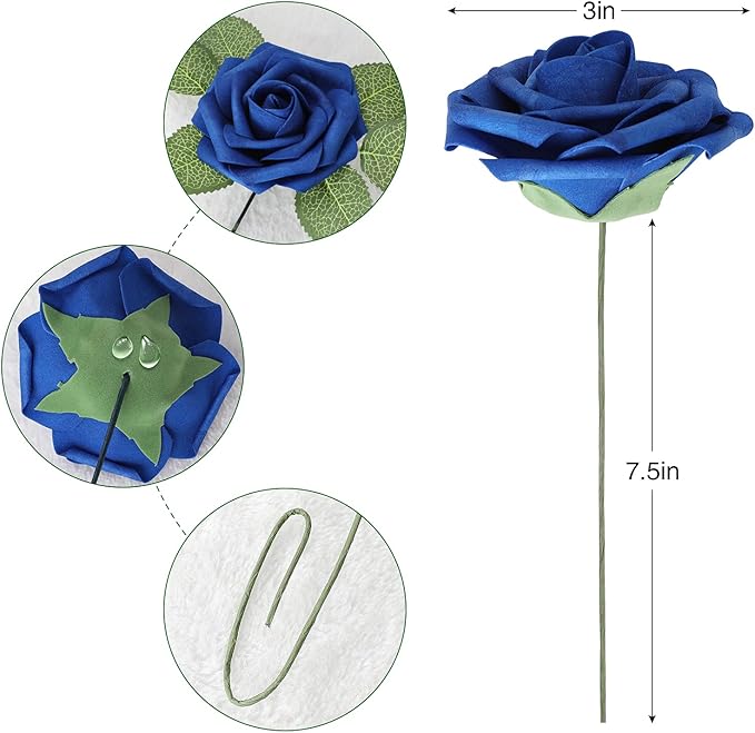 AmyHomie Artificial Flower Royal Blue Rose 25pcs Real Looking Fake Roses w/Stem - Image 6