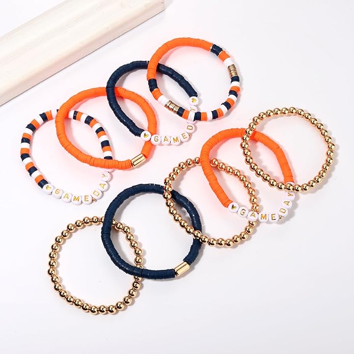 NLCAC 9 Pack Game Day Bracelets Stackable Heishi Beaded Stretchy Bracelet Preppy Jewelry Baseball Football Team Bracelets Sports Fan Accessories Gifts
