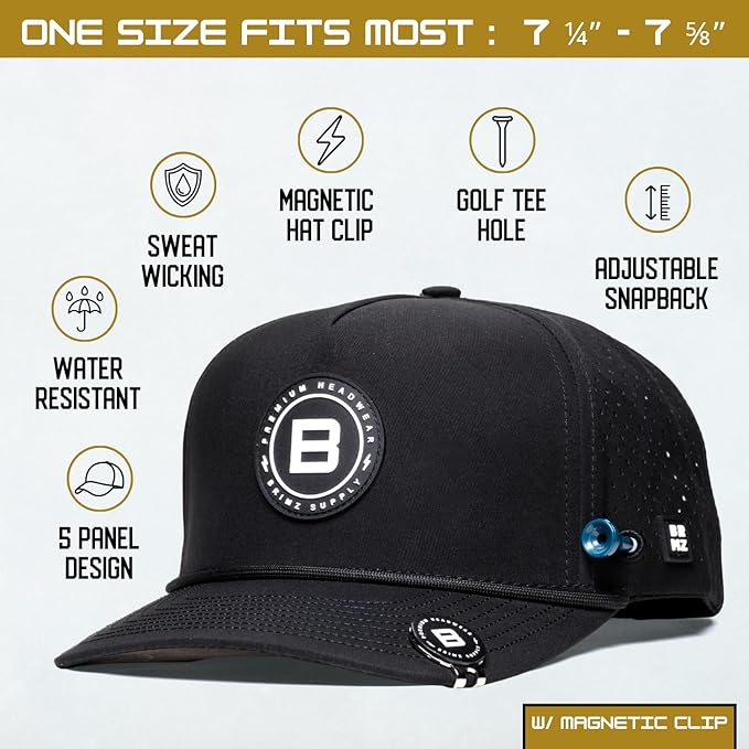 BRIMZ Golf Performance Hat - Tee Holder & Magnetic Ball Marker - Breathable, Sweat & Water Resistant Golfing Snapback Hat