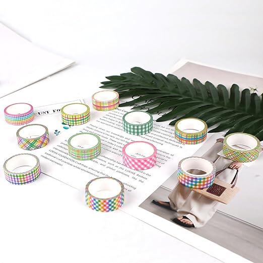 12 Rolls Plaid Washi Tape Set, Colorful Pastel Buffalo Plaid Checkered Masking - Image 3