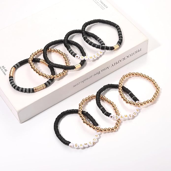 NLCAC 9 Pack Game Day Bracelets Stackable Heishi Beaded Stretchy Bracelet Preppy Jewelry Baseball Football Team Bracelets Sports Fan Accessories Gifts