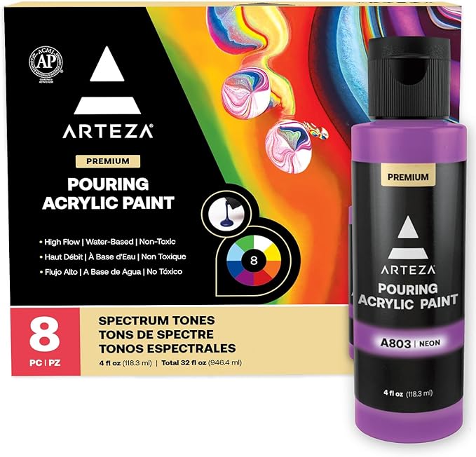 ARTEZA Acrylic Pouring Paint Set, 8 Rainbow Colors, 4 oz Bottles, High-Flow by ARTEZA