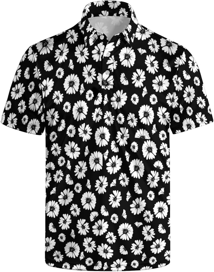HUURAY Funny Golf Polos for Men Funny Print Short Sleeve Shirts Quick Dry Polo Shirts Hawaiian Shirt Performance Golf Outfits