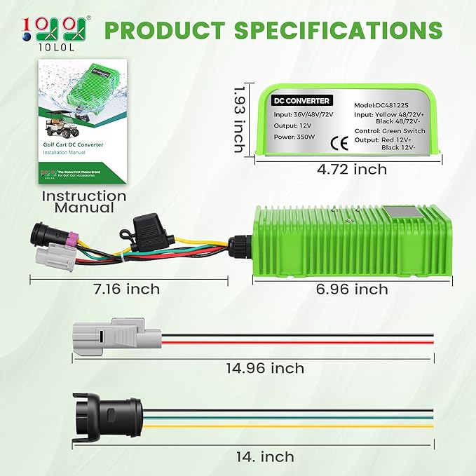 Universal Golf Cart Voltage Reducer DC Converter 36V or 48V to 12V 30 A 360W for EZGO Club Car Yamaha Golf Carts, with Power Cables