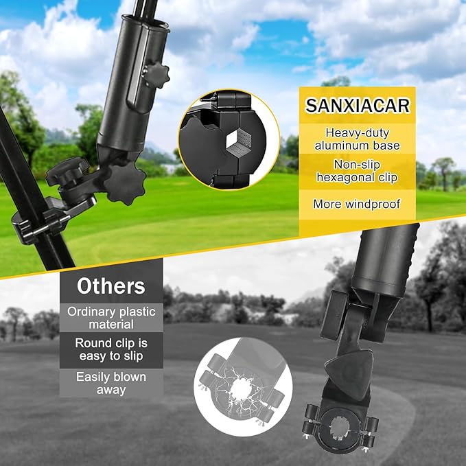 Heavy-Duty Golf Push Cart Umbrella Holder Aluminum Base 180° Adjustable for Stroller Bike Wheelchair Bicycle Mobility Scooter Beach Chair Universal Windproof Umbrella Mount