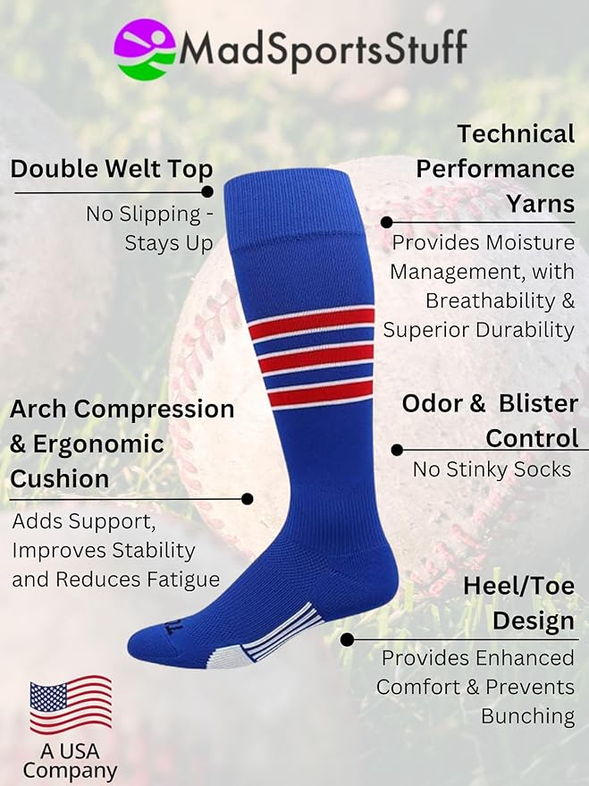 MadSportsStuff Softball Socks Baseball Socks | White & Team Colors | USA Made | Sizes for Girls, Youth Boys, Men & Women