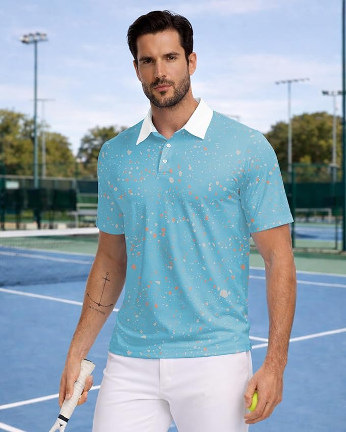 KUYIGO Mens Polo Shirt Quick Dry Moisture Wicking UPF 40+ Performance Printed Short Sleeve Summer Tennis Golf Shirt