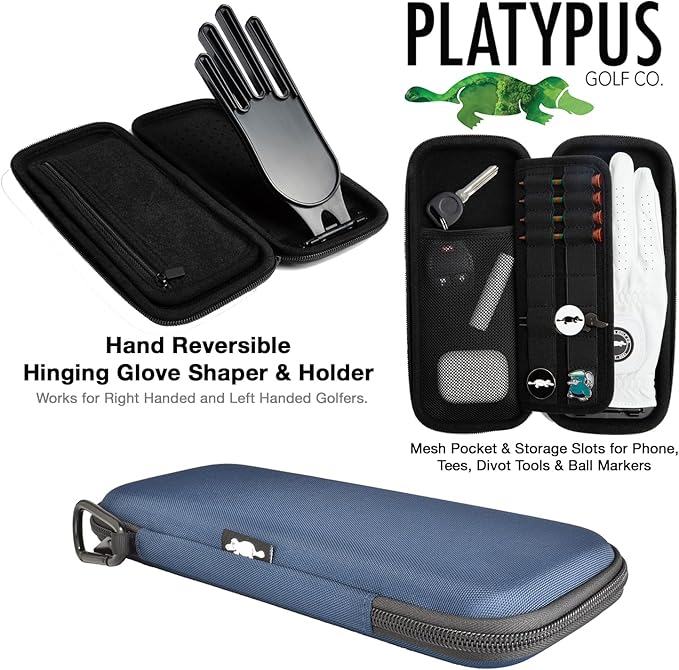 Platypus Golf Co. Golfing Caddie Hard Travel Case Organizer - Hinging Glove Shaper & Holder - Mesh Pocket & Storage Slots for Phone, Tees, Divot Tools & Ball Markers - Golfers Cases for Men & Women