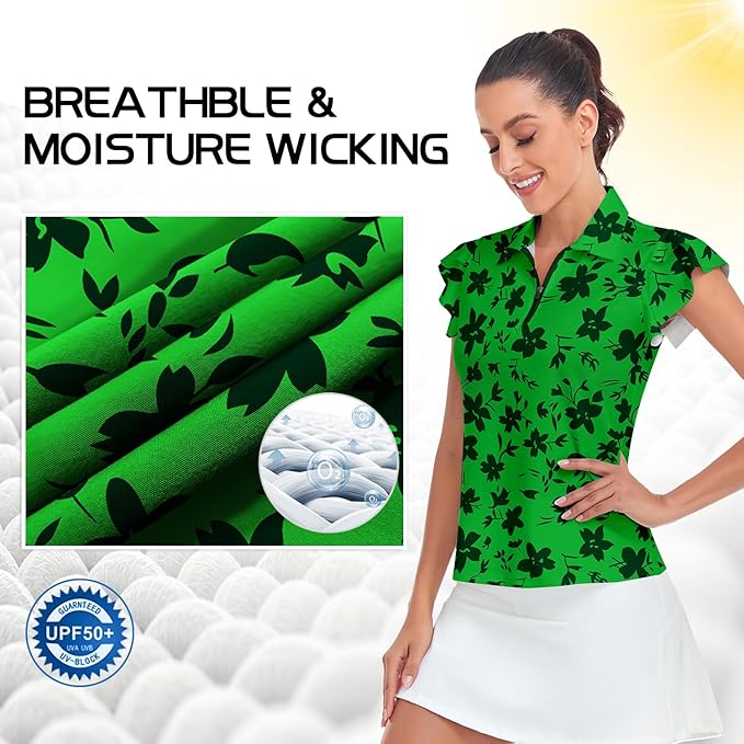 Soneven Womens Petal Sleeve Golf Shirts Moisture Wicking Lady Golf Apparel Print Tennis Sport T Shirt