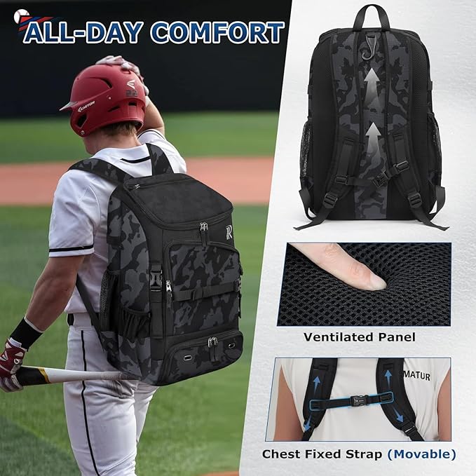 RAINSMORE Baseball Bag for Youth & Adult 40L Large Softball Bag Lightweight Baseball Backpack with Helmet Holder, Shoe Compartment, Fence Hook Waterproof Bat Bag for Baseball Softball Tball Equipment