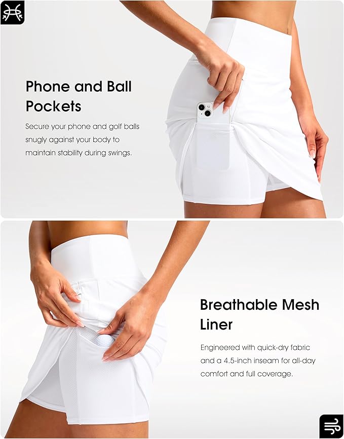 G Gradual 18" Golf Skirts for Women Zipper Pockets Mid Length Skort with Shorts Underneath High Waist Tennis Pickleball