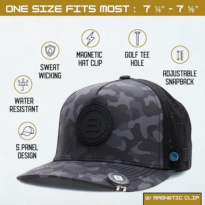 BRIMZ Golf Performance Hat - Tee Holder & Magnetic Ball Marker - Breathable, Sweat & Water Resistant Golfing Snapback Hat