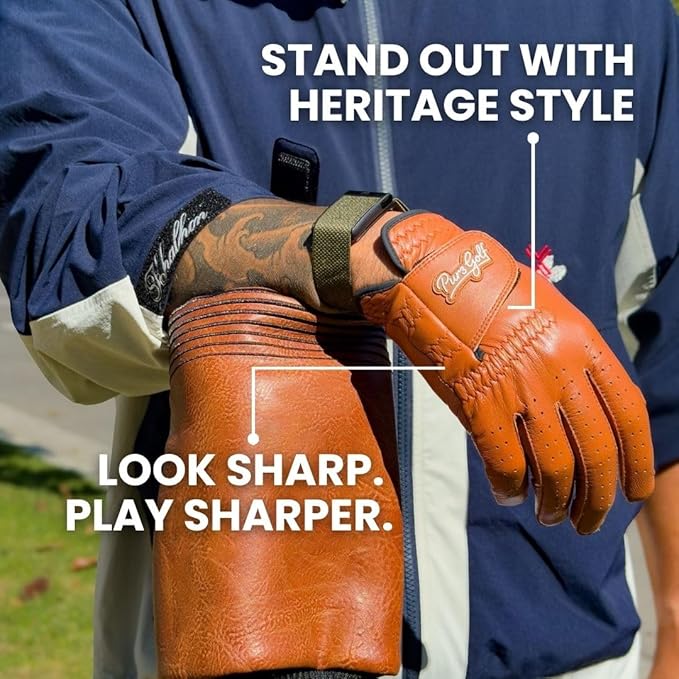 PUR3 Cabretta Leather Golf Gloves Men | 2 Pack Heritage Collection | Includes Putting Aim Ball Marker | Golf Glove Men Left Hand and Right Hand